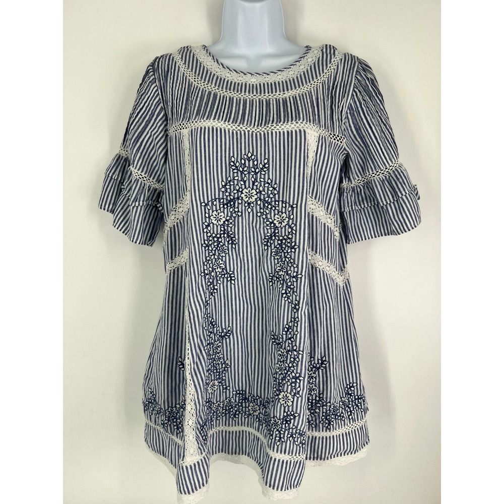 Free People S Blue White Striped Sunny Day Embroidered Lace Trim Tunic Dress